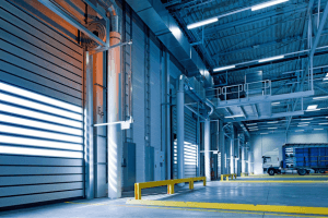 a warehouse painted in a grey blue color