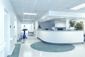 a hospital reception area painted in calming blue and white