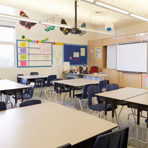 A school classroom with white painted walls