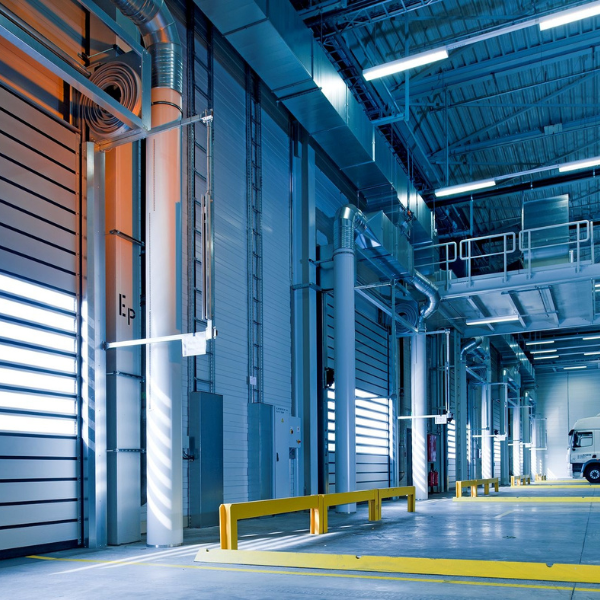 a warehouse painted in gray blue tones